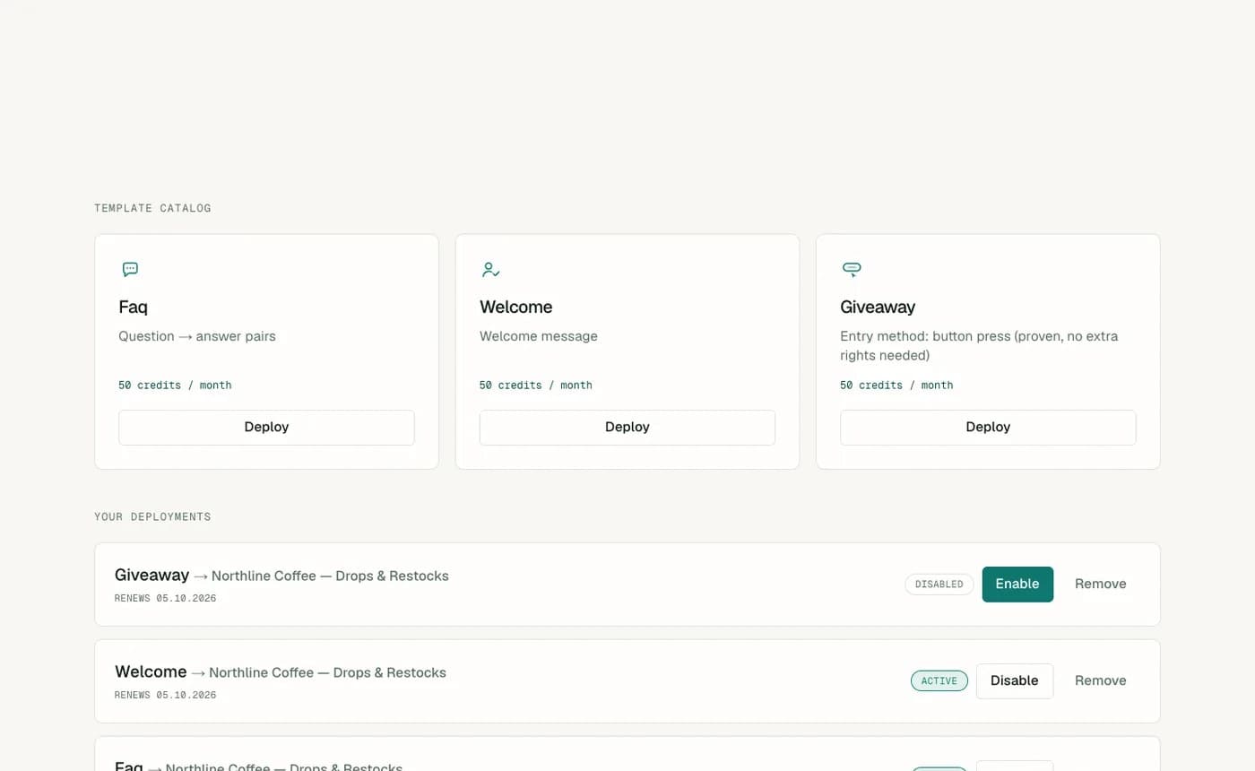 The bot template catalogue: FAQ, welcome and giveaway, with active deployments