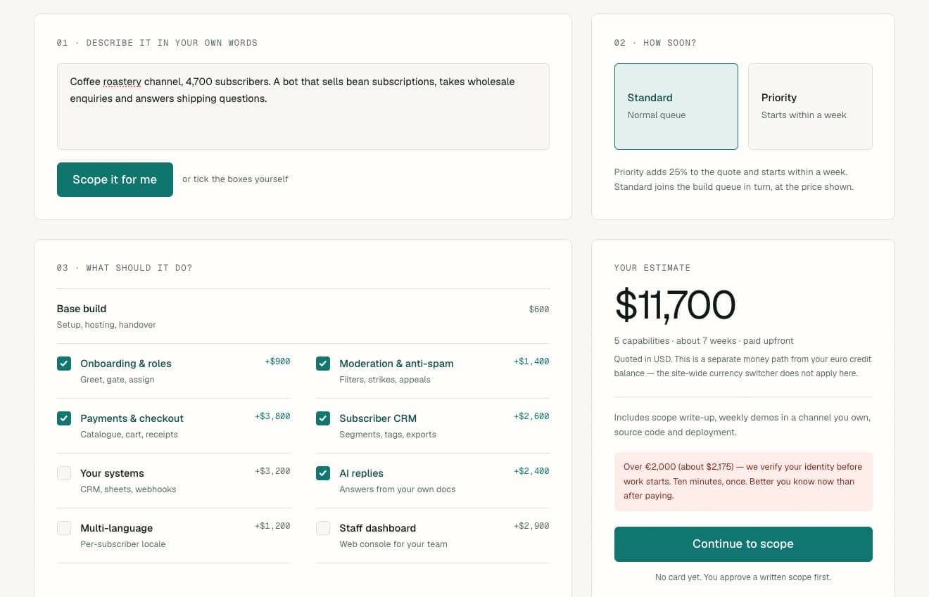 The custom bot estimator with capabilities ticked and a live price