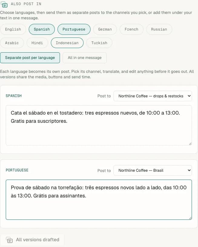 Choosing Spanish and Portuguese versions of a post, each sent to its own channel