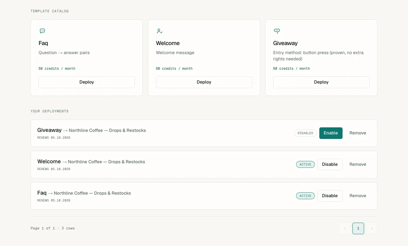 Bot templates page listing FAQ, welcome and giveaway bots running on a channel