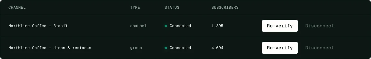 Channels page showing a connected Telegram channel with its subscriber count