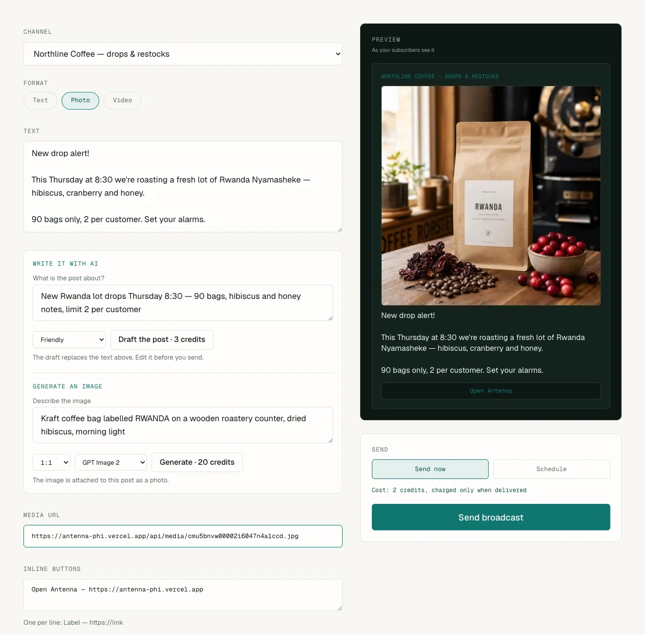 Broadcast composer with an AI-written post and an AI-generated photo of a coffee bag in the preview