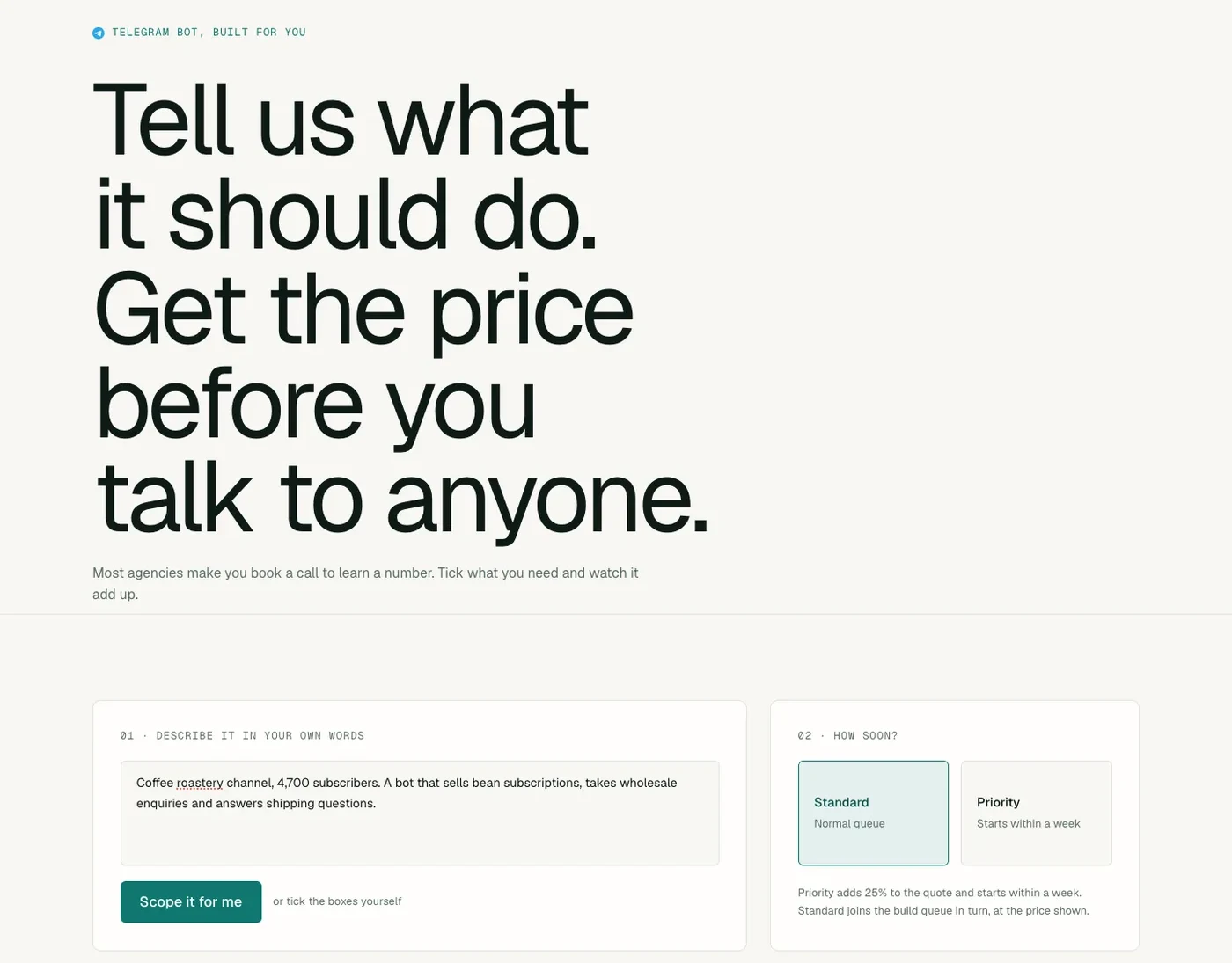 Price-a-bot page with a written brief, ticked capabilities and a live price estimate