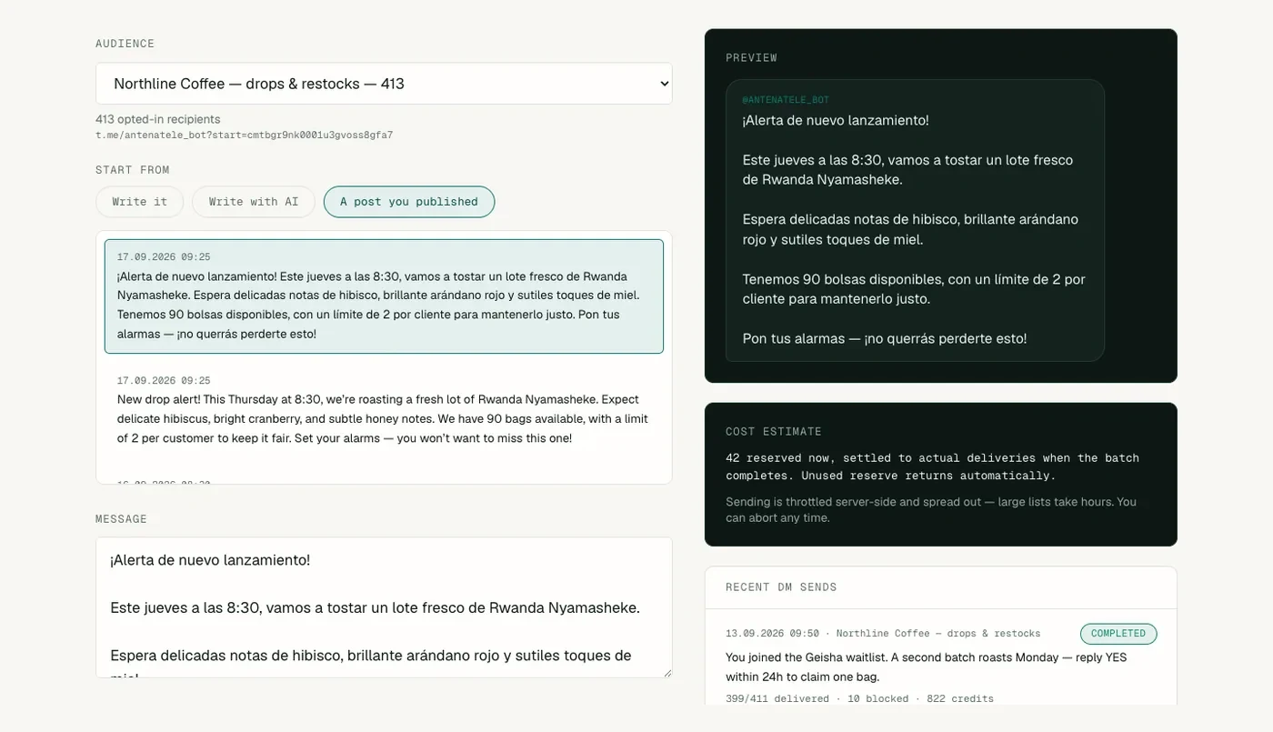 DM send page with a message chosen from a published post, a Telegram-style preview and past sends