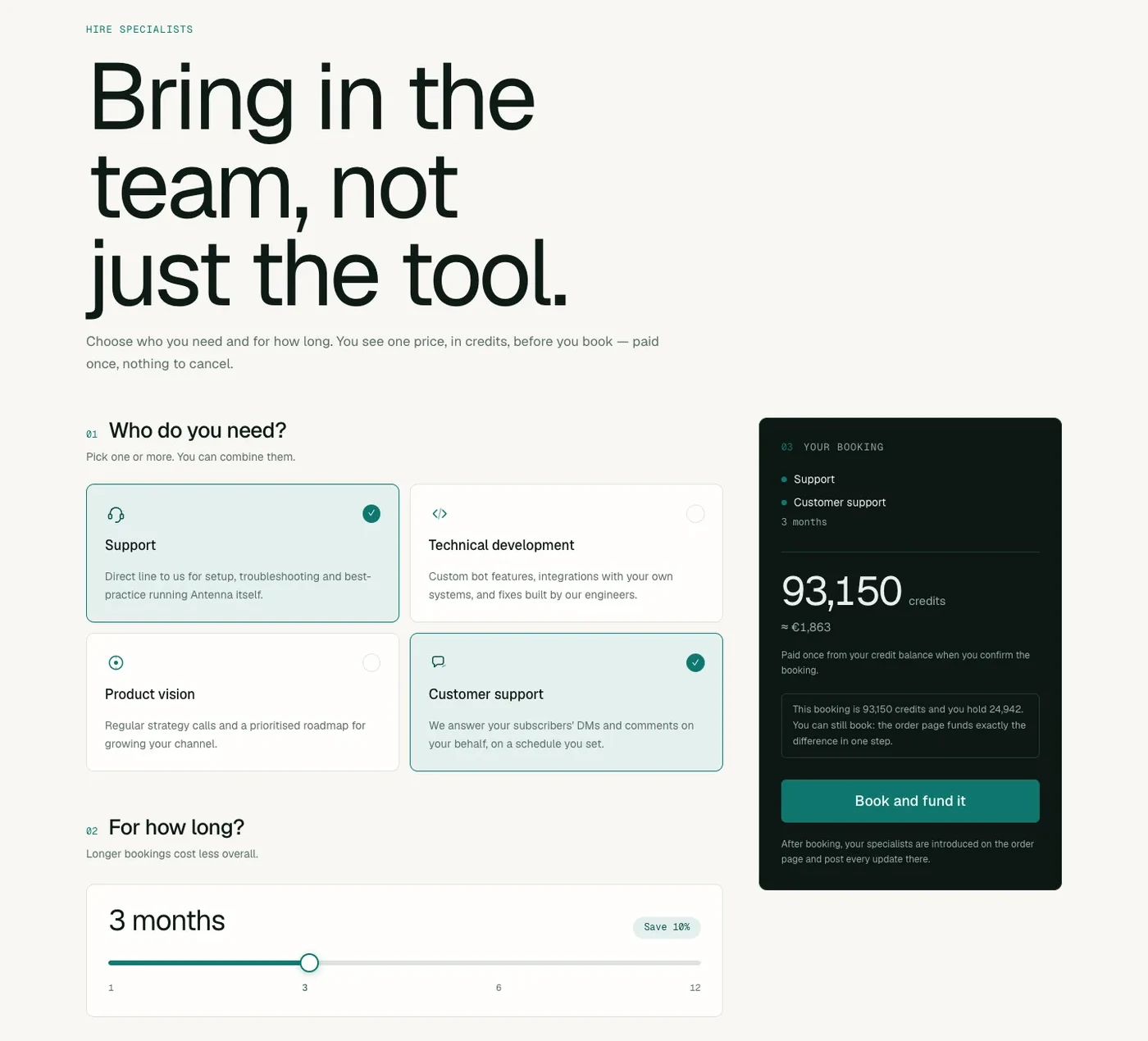 Hire specialists page with selected roles, a duration slider and the total price in credits