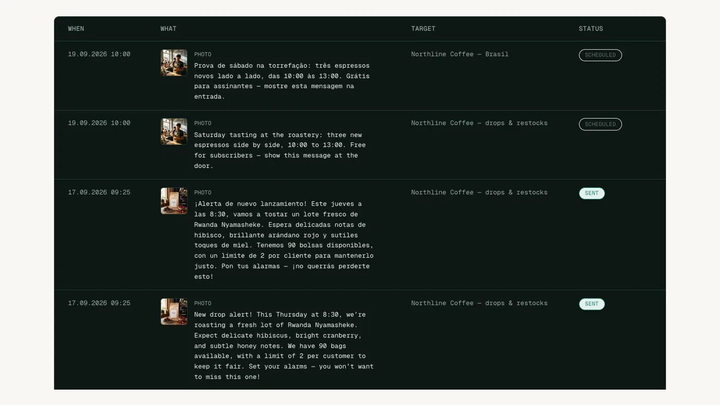 History table of sent and scheduled posts with thumbnails, channels and delivery status