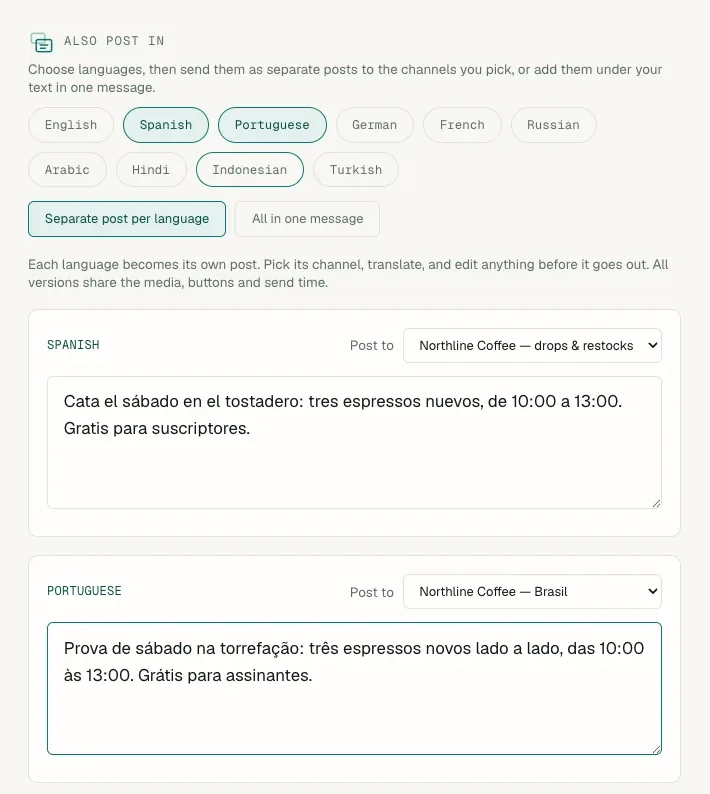 Language section with Spanish and Portuguese versions, each assigned to a different channel